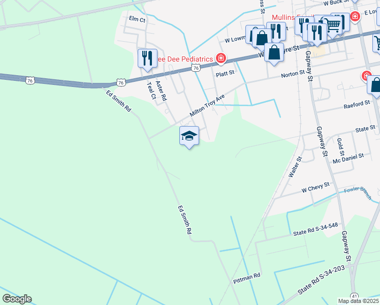 map of restaurants, bars, coffee shops, grocery stores, and more near in Mullins