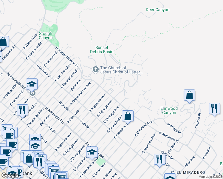 map of restaurants, bars, coffee shops, grocery stores, and more near 1 Skyline Drive in Burbank