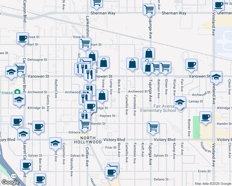 map of restaurants, bars, coffee shops, grocery stores, and more near 11560 Archwood Street in Los Angeles