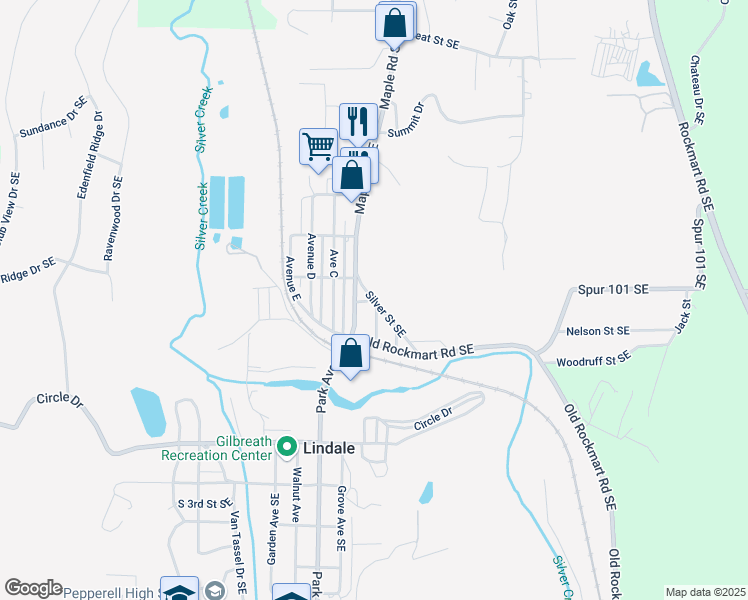 map of restaurants, bars, coffee shops, grocery stores, and more near Silver Street Southeast in Lindale
