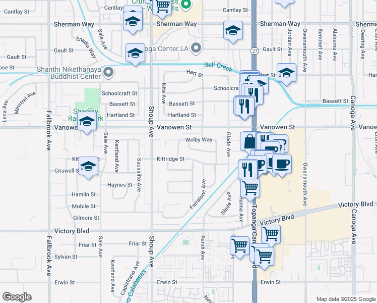 map of restaurants, bars, coffee shops, grocery stores, and more near 22236 Archwood Street in Los Angeles