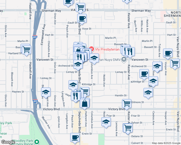map of restaurants, bars, coffee shops, grocery stores, and more near 6661 Columbus Avenue in Los Angeles