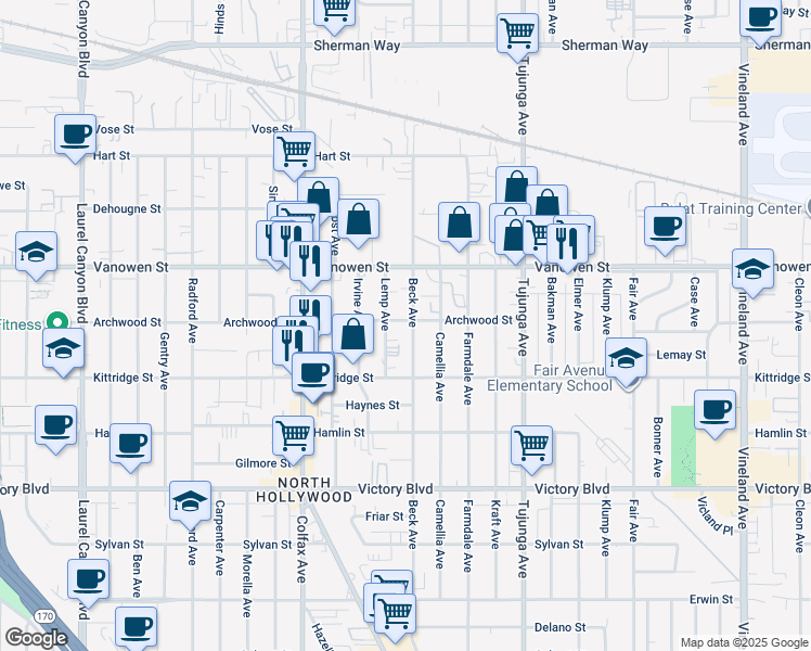 map of restaurants, bars, coffee shops, grocery stores, and more near 11560 Archwood Street in Los Angeles
