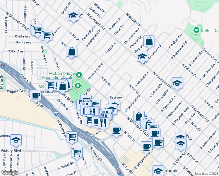 map of restaurants, bars, coffee shops, grocery stores, and more near 431 Cornell Drive in Burbank