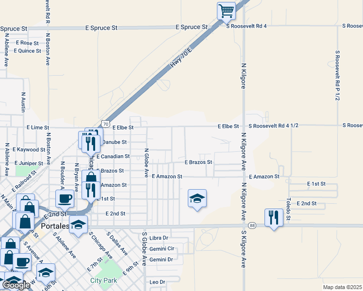map of restaurants, bars, coffee shops, grocery stores, and more near 1101-1223 North Laredo Avenue in Portales