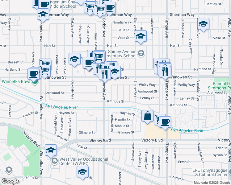 map of restaurants, bars, coffee shops, grocery stores, and more near 6719 Melvin Avenue in Los Angeles