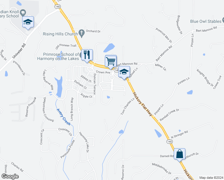 map of restaurants, bars, coffee shops, grocery stores, and more near 225 Royal Crescent Terrace in Holly Springs