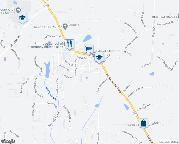 map of restaurants, bars, coffee shops, grocery stores, and more near 227 Royal Crescent Terrace in Holly Springs