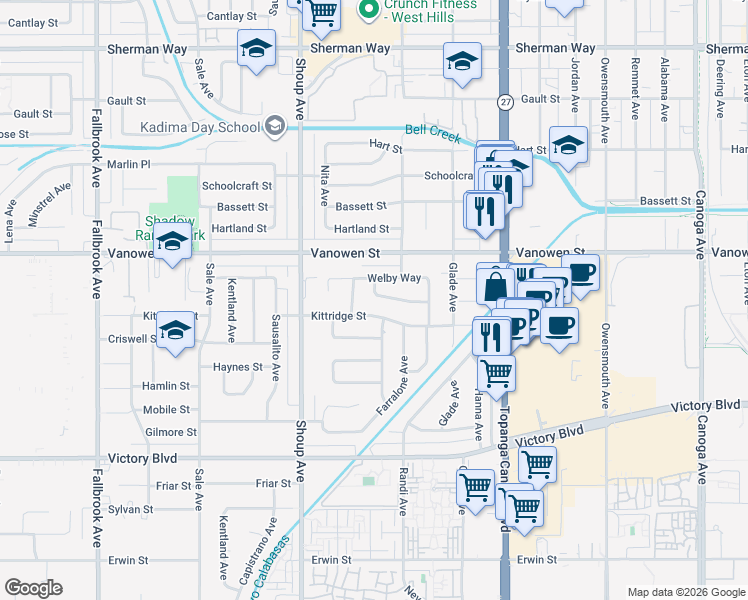 map of restaurants, bars, coffee shops, grocery stores, and more near 22236 Archwood Street in Los Angeles