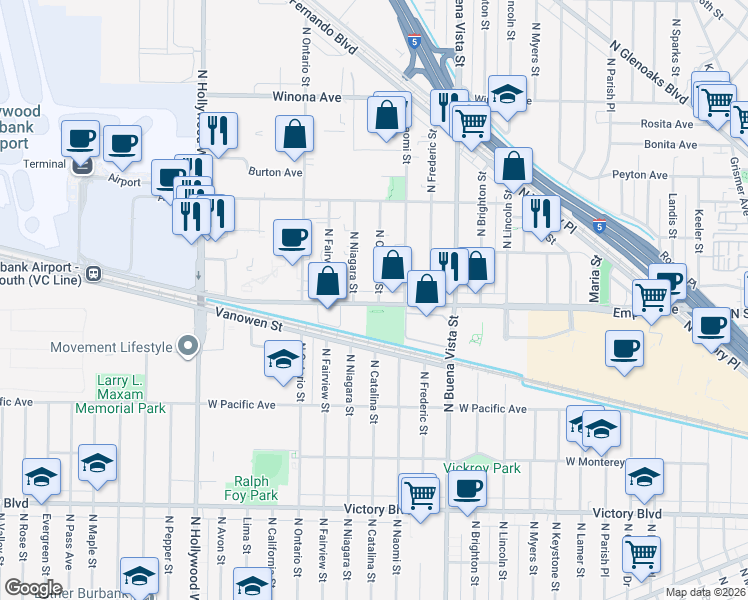 map of restaurants, bars, coffee shops, grocery stores, and more near 2216 North Catalina Street in Burbank
