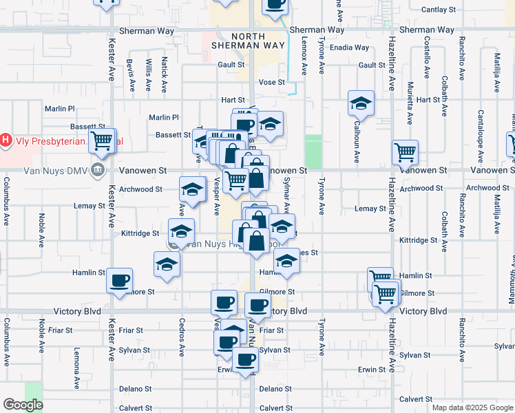 map of restaurants, bars, coffee shops, grocery stores, and more near 6711 Van Nuys Boulevard in Los Angeles
