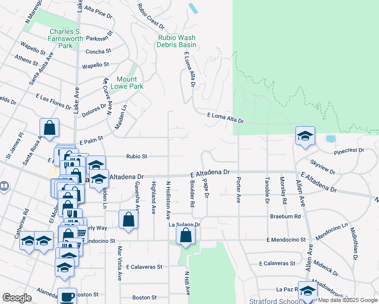 map of restaurants, bars, coffee shops, grocery stores, and more near 1400 East Palm Street in Altadena