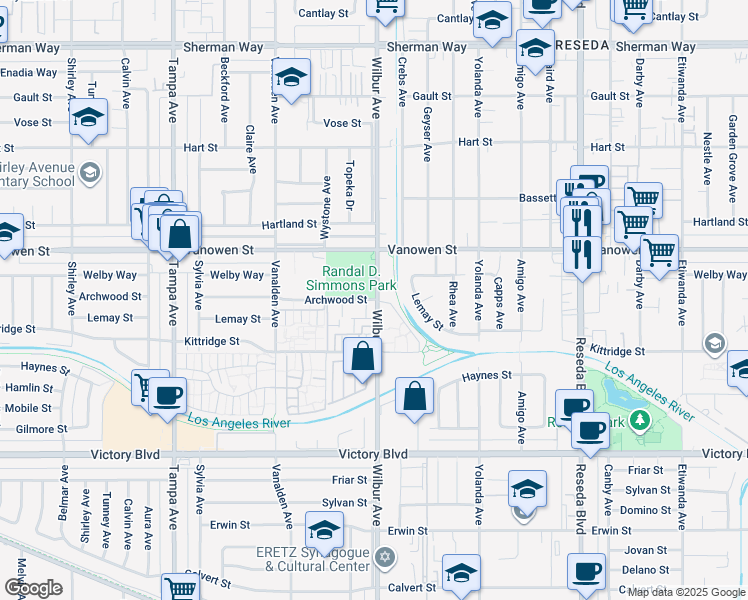 map of restaurants, bars, coffee shops, grocery stores, and more near 18907 Archwood Street in Los Angeles