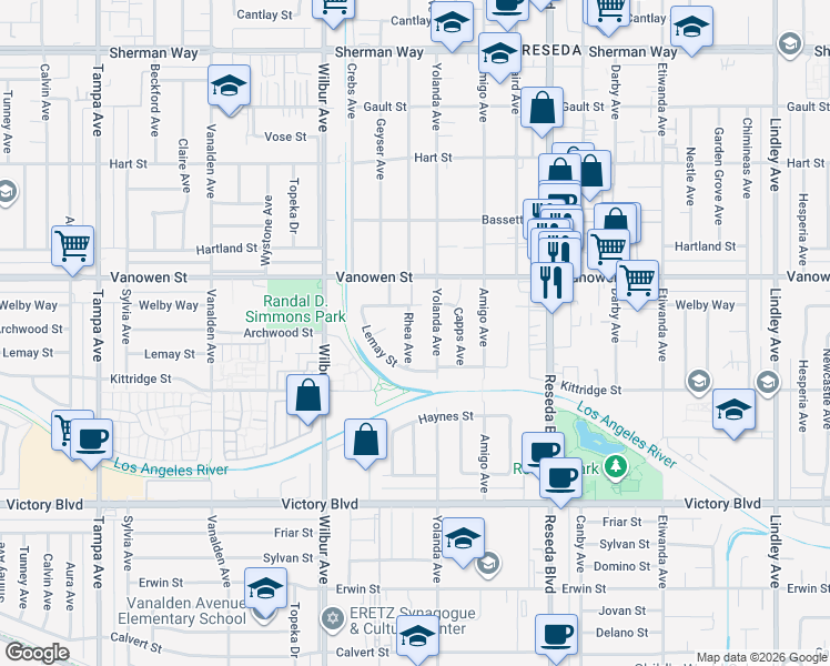 map of restaurants, bars, coffee shops, grocery stores, and more near 6727 Kurl Way in Los Angeles