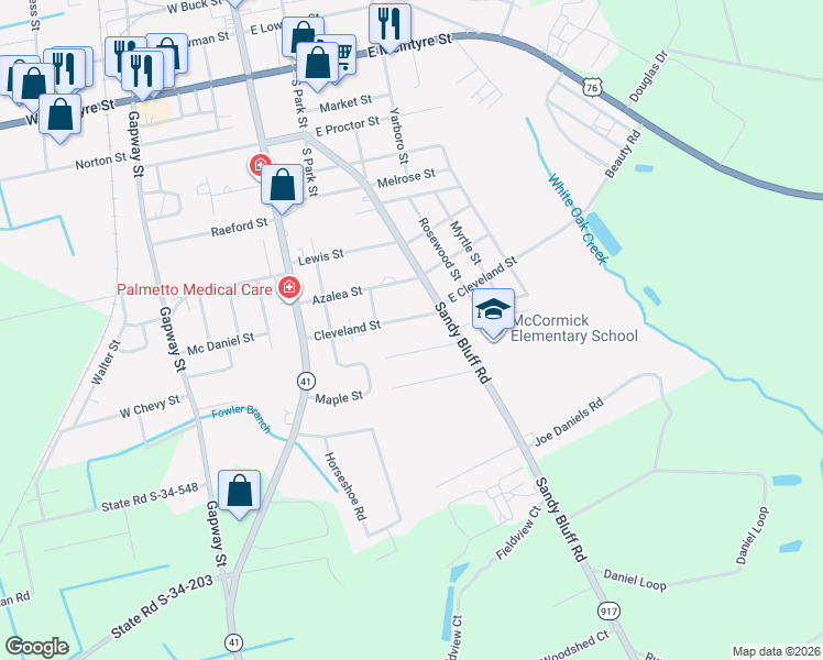 map of restaurants, bars, coffee shops, grocery stores, and more near 310 Cleveland Street in Mullins