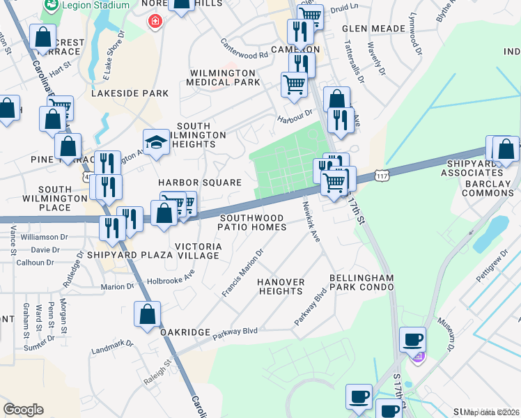 map of restaurants, bars, coffee shops, grocery stores, and more near 1160 Shipyard Boulevard in Wilmington