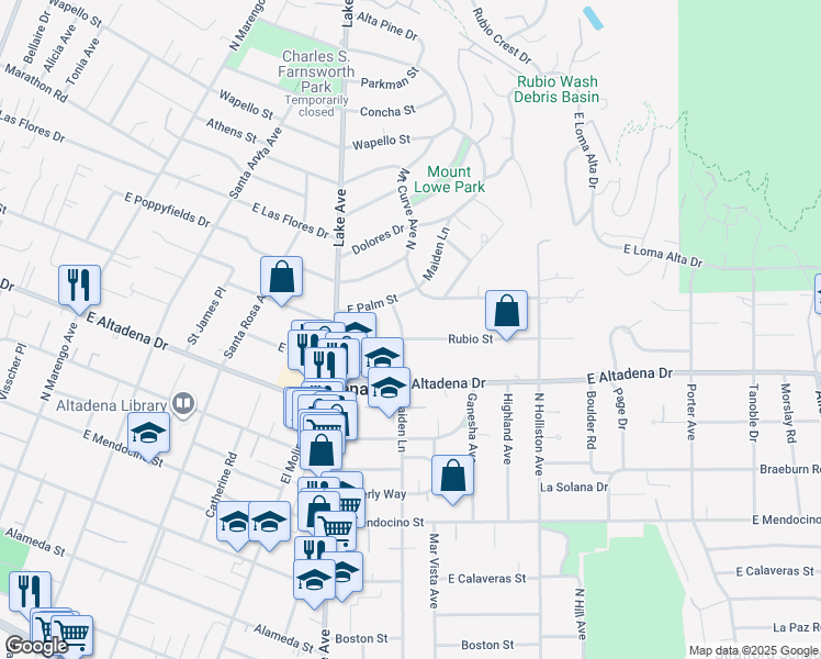 map of restaurants, bars, coffee shops, grocery stores, and more near 1085 Rubio Street in Altadena