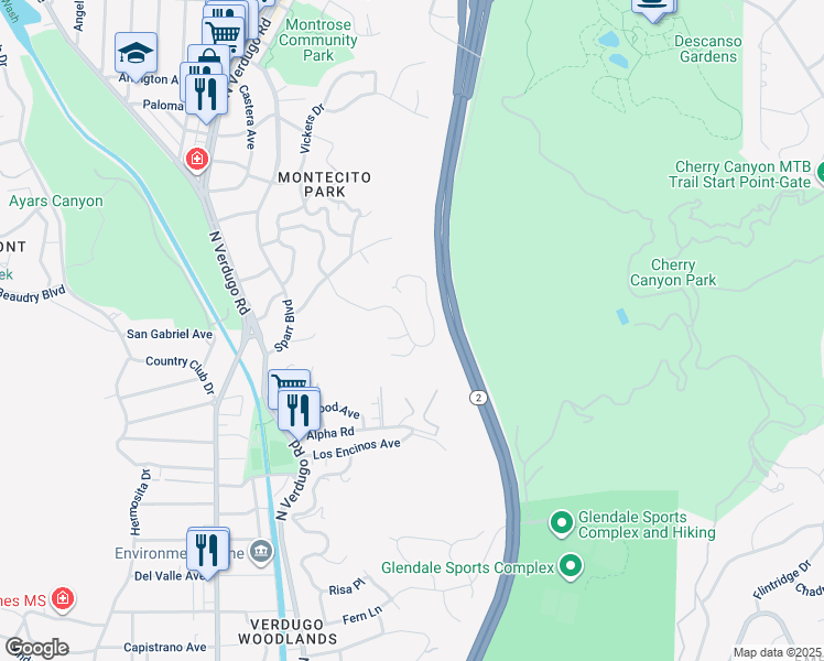 map of restaurants, bars, coffee shops, grocery stores, and more near 2101 El Arbolita Drive in Glendale