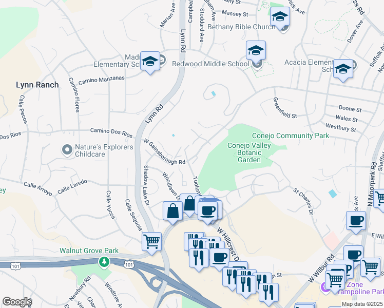 map of restaurants, bars, coffee shops, grocery stores, and more near 519 West Gainsborough Road in Thousand Oaks