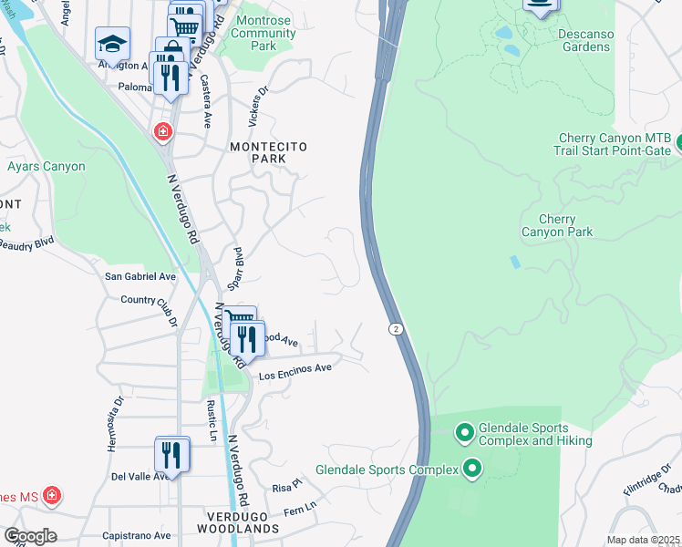 map of restaurants, bars, coffee shops, grocery stores, and more near 2101 El Arbolita Drive in Glendale
