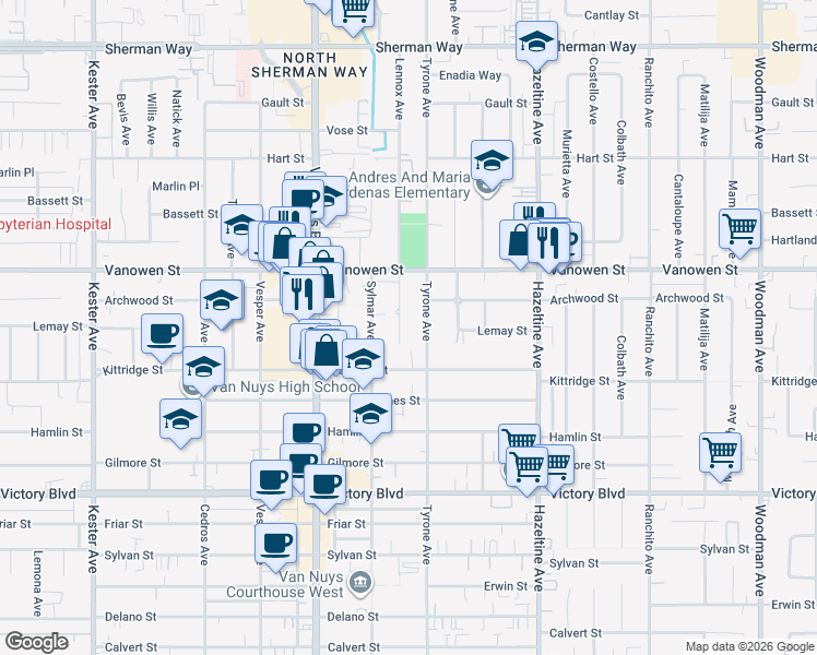 map of restaurants, bars, coffee shops, grocery stores, and more near 6646 Lennox Avenue in Los Angeles