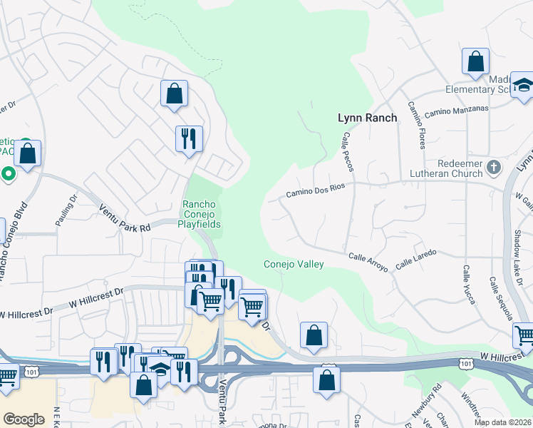 map of restaurants, bars, coffee shops, grocery stores, and more near 1251 Calle Las Casas in Thousand Oaks