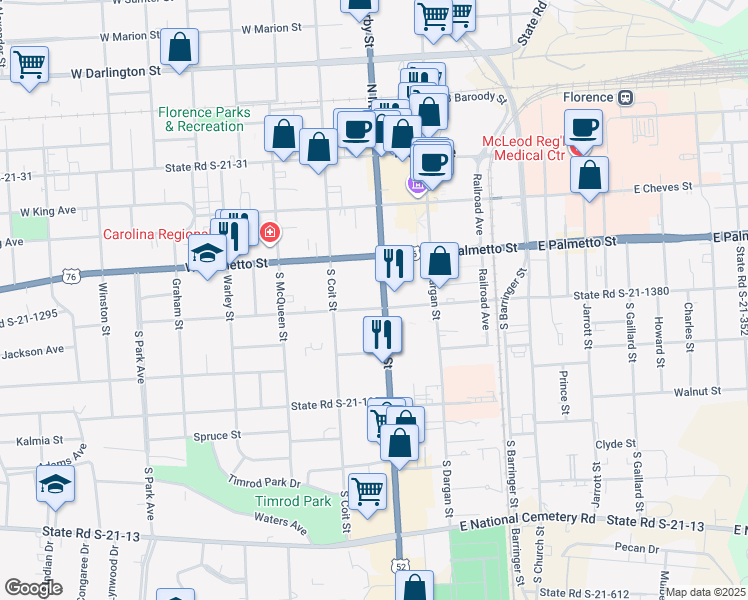 map of restaurants, bars, coffee shops, grocery stores, and more near 319 South Irby Street in Florence