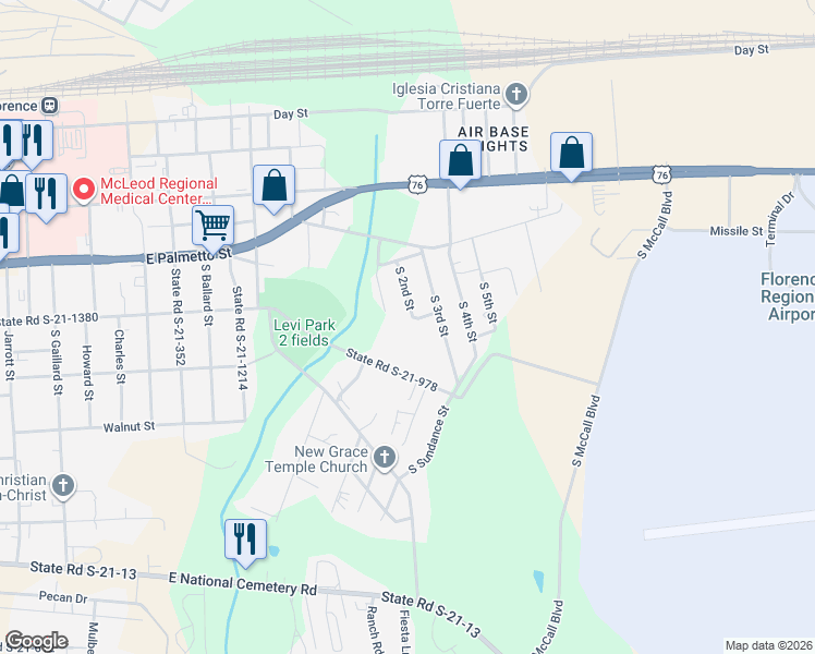 map of restaurants, bars, coffee shops, grocery stores, and more near 401 South 2nd Street in Florence