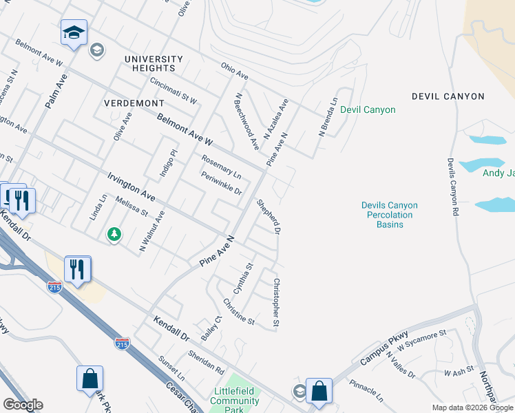 map of restaurants, bars, coffee shops, grocery stores, and more near 6135 Honeysuckle Lane in San Bernardino