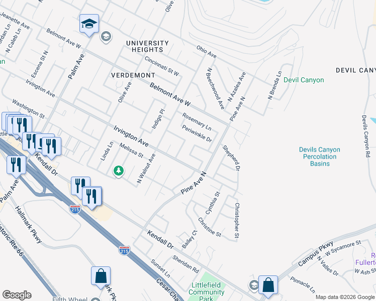 map of restaurants, bars, coffee shops, grocery stores, and more near 6124 Laura Lane in San Bernardino