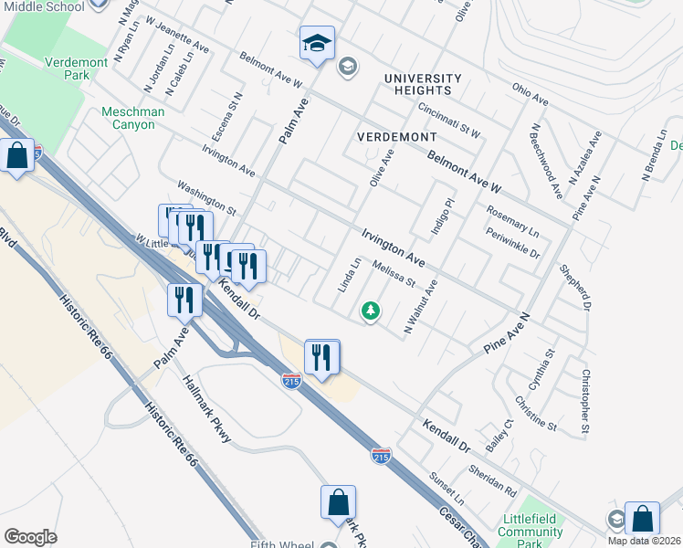 map of restaurants, bars, coffee shops, grocery stores, and more near 6133 Linda Lane in San Bernardino
