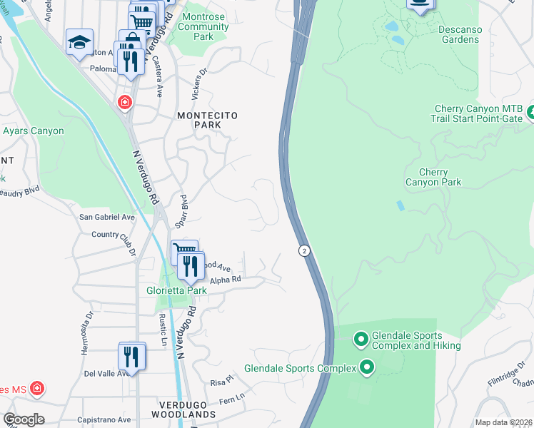 map of restaurants, bars, coffee shops, grocery stores, and more near 2151 El Arbolita Drive in Glendale
