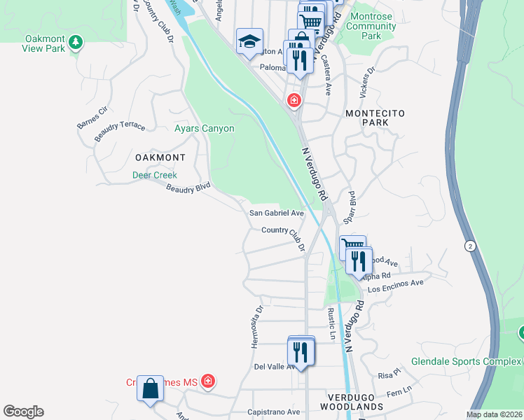 map of restaurants, bars, coffee shops, grocery stores, and more near 1621 San Gabriel Avenue in Glendale