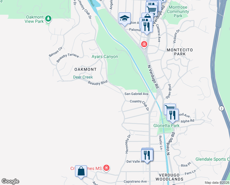 map of restaurants, bars, coffee shops, grocery stores, and more near 3039 San Gabriel Avenue in Glendale