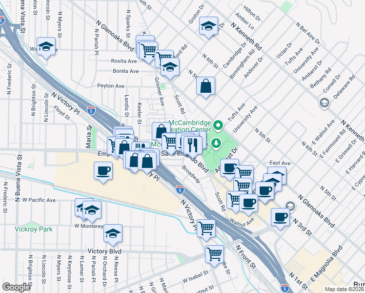 map of restaurants, bars, coffee shops, grocery stores, and more near 1620 North San Fernando Boulevard in Burbank