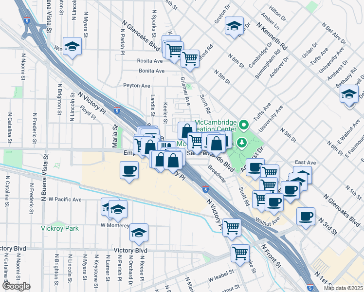 map of restaurants, bars, coffee shops, grocery stores, and more near 1721 Rogers Place in Burbank