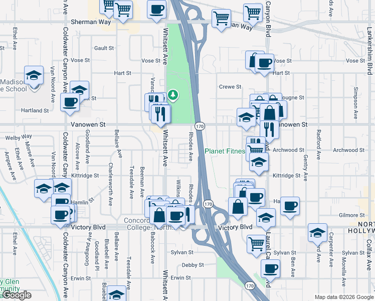 map of restaurants, bars, coffee shops, grocery stores, and more near 12420 Archwood Street in Los Angeles