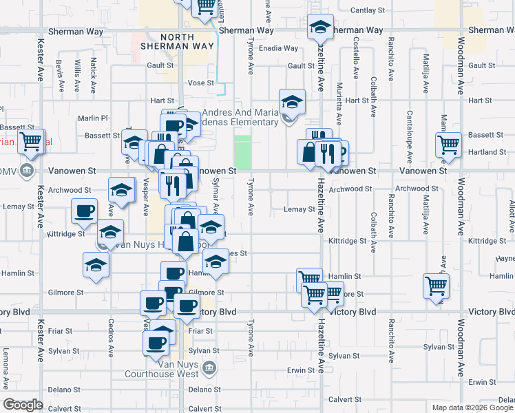 map of restaurants, bars, coffee shops, grocery stores, and more near 6709 Tyrone Avenue in Los Angeles