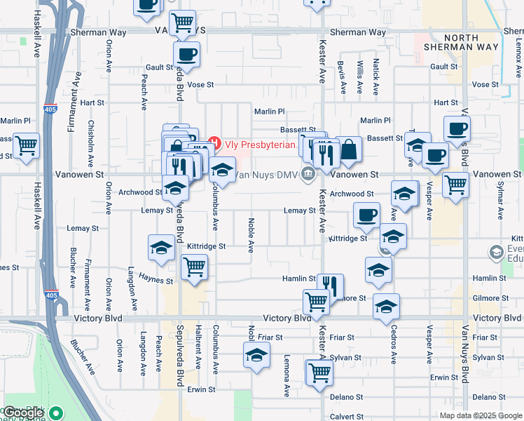 map of restaurants, bars, coffee shops, grocery stores, and more near 15031 Lemay Street in Los Angeles