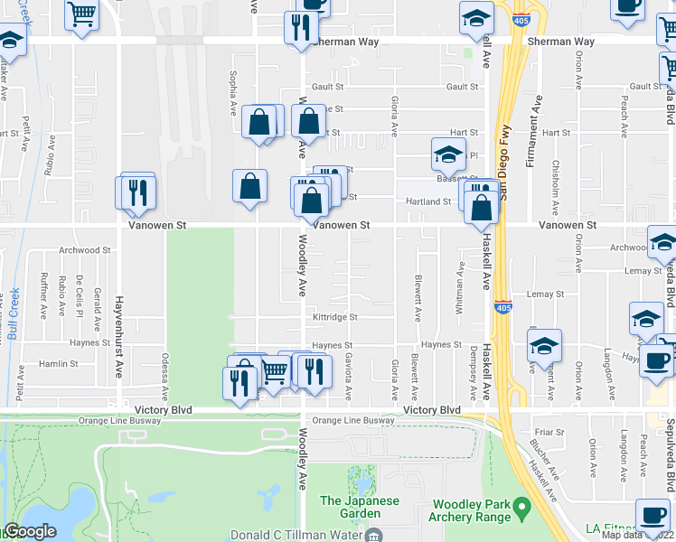map of restaurants, bars, coffee shops, grocery stores, and more near 16021 Archwood Street in Los Angeles