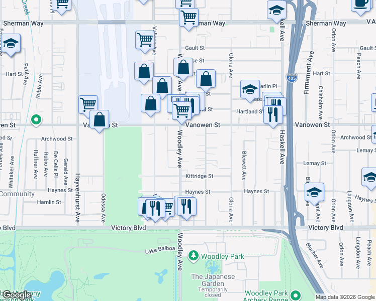 map of restaurants, bars, coffee shops, grocery stores, and more near 6710 Woodley Avenue in Los Angeles