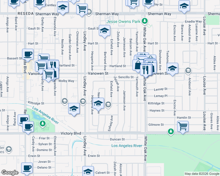 map of restaurants, bars, coffee shops, grocery stores, and more near 17930 Welby Way in Los Angeles