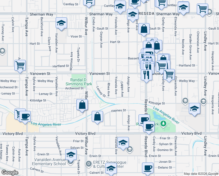 map of restaurants, bars, coffee shops, grocery stores, and more near 6727 Kurl Way in Los Angeles