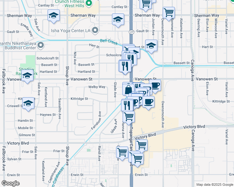 map of restaurants, bars, coffee shops, grocery stores, and more near 6713 Glade Avenue in Los Angeles