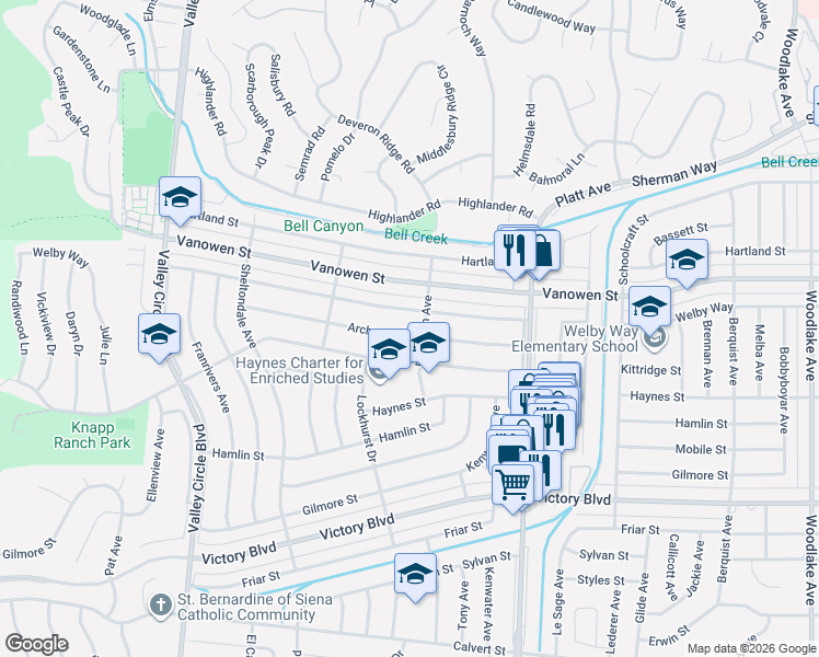 map of restaurants, bars, coffee shops, grocery stores, and more near 23908 Welby Way in Los Angeles
