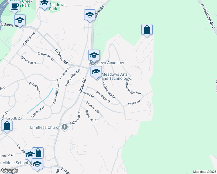 map of restaurants, bars, coffee shops, grocery stores, and more near 2119 La Granada Drive in Thousand Oaks