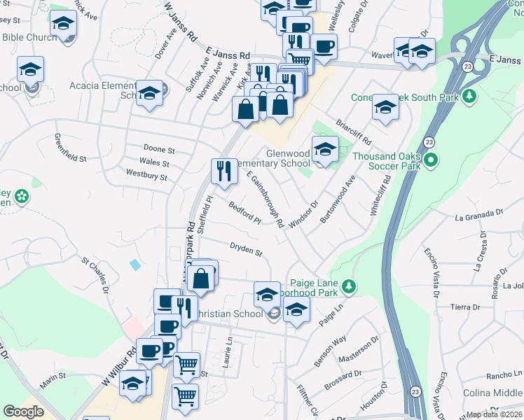 map of restaurants, bars, coffee shops, grocery stores, and more near 1039 Saxon Place in Thousand Oaks