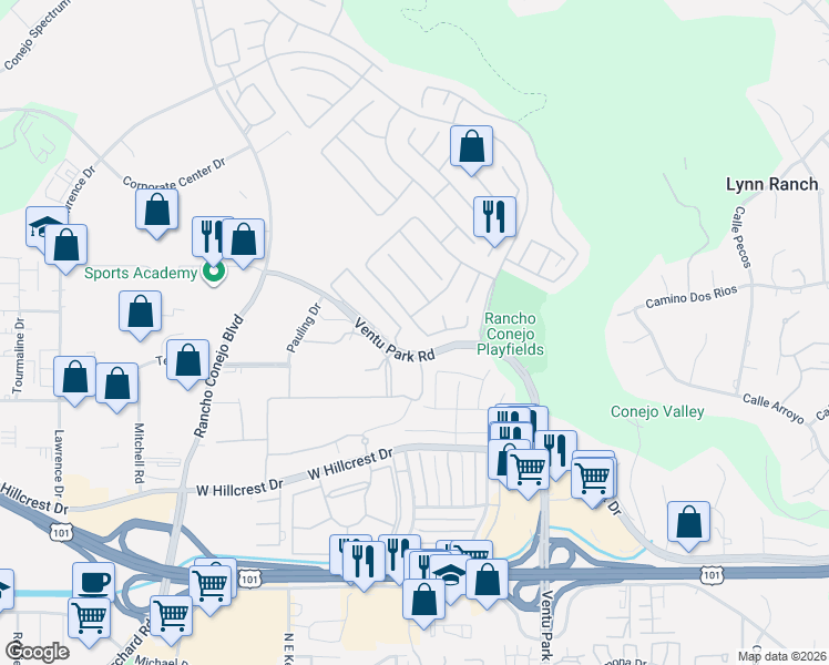 map of restaurants, bars, coffee shops, grocery stores, and more near 991 Javelin Court in Thousand Oaks