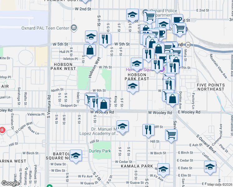 map of restaurants, bars, coffee shops, grocery stores, and more near 751 West 9th Street in Oxnard