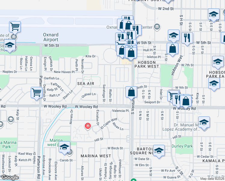 map of restaurants, bars, coffee shops, grocery stores, and more near 1721 Ninth Street in Oxnard
